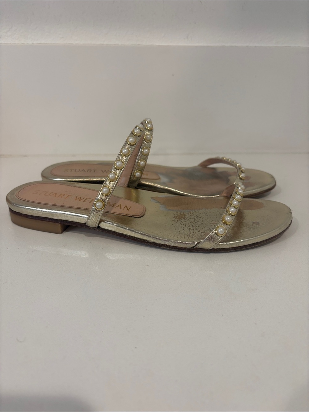 Stuart Weitzman Metallic Gold Pearl-Embellished Slide Sandal Size 8.5 - Picture 5 of 12